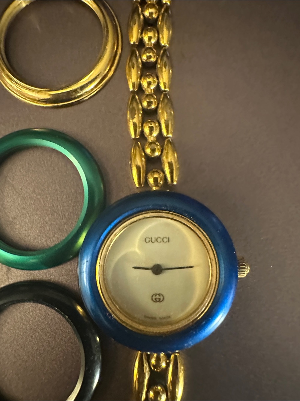 Gucci Gold-Tone Bracelet Watch with Blue, Green and Black Interchangeable Bezels - Picture 5 of 8